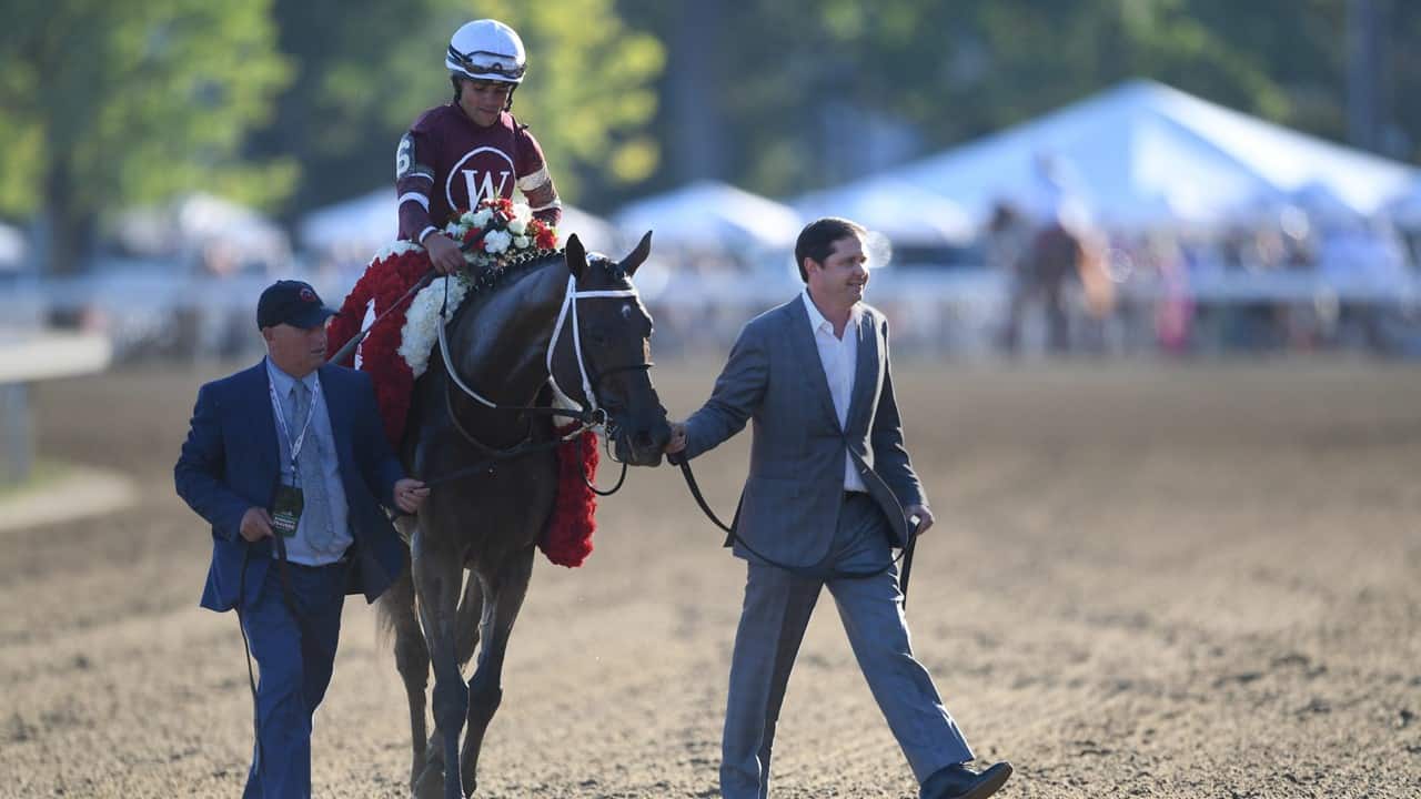Epicenter, shown after winning the Grade 1 Travers Stakes, is the leading 3-year-old contender for the $6 million Longines Breeders’ Cup Classic.