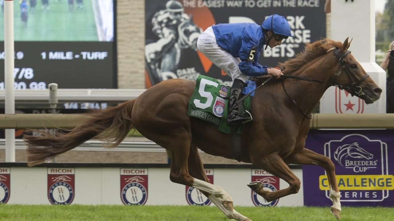 Godolphin’s Modern Games (Ire) becomes the first 3-year-old to win the G1 Ricoh Woodbine Mile.