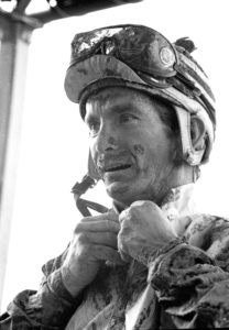 Jockey Willie Shoemaker after rifing Forego in 1976 Marlboro Cup, Belmont Park, NY