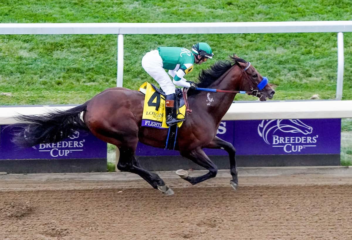 Flightline #4, ridden by Flavien Prat, wins the Longines Breeders’ Cup Classic on Breeders’ Cup Championship Saturday at Keeneland on November 5, 2022